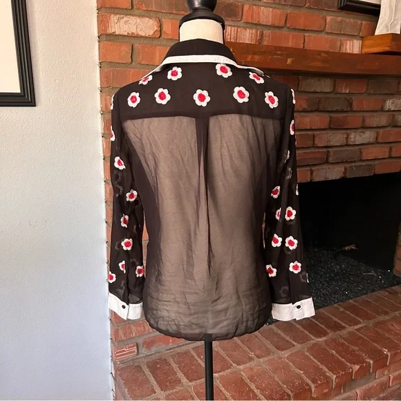 Alice + Olivia Willa Floral Embellished Scalloped Collar Placket Top Black Sz S - Picture 12 of 15